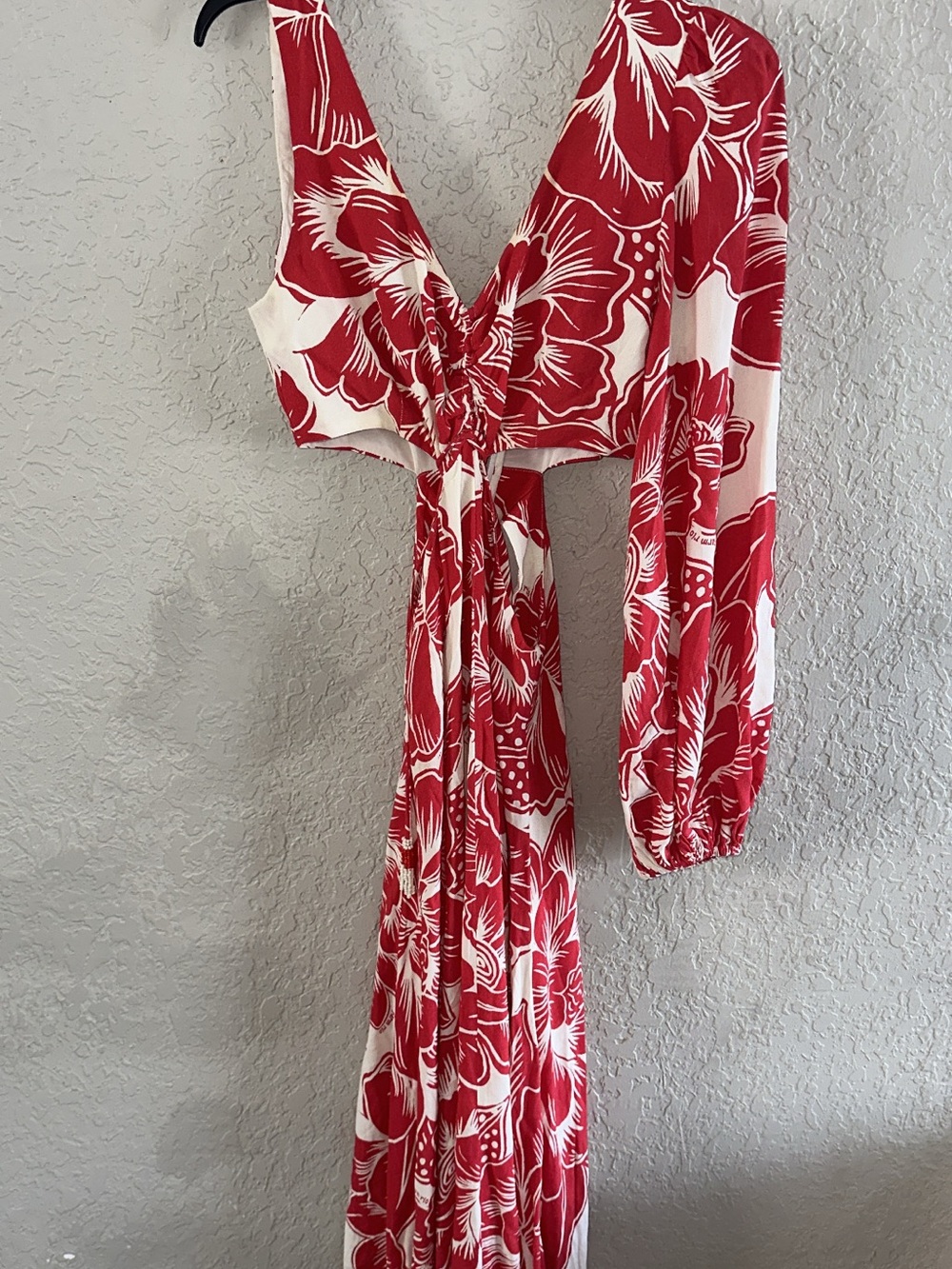 FARM Rio Red and White Floral Maxi Dress with One Bishop Sleeve